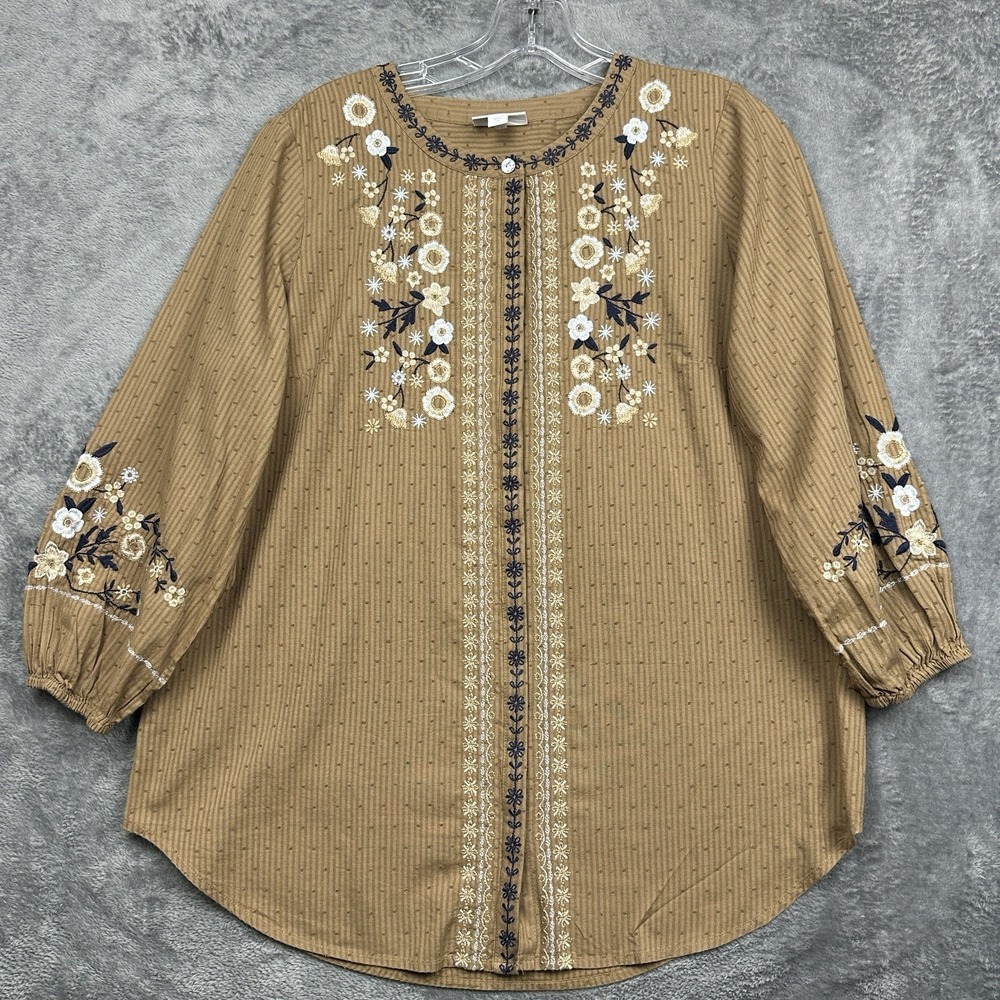J Jill Tunic Top Women's Extra Small Floral Embroidered Button Brown 100% Cotton